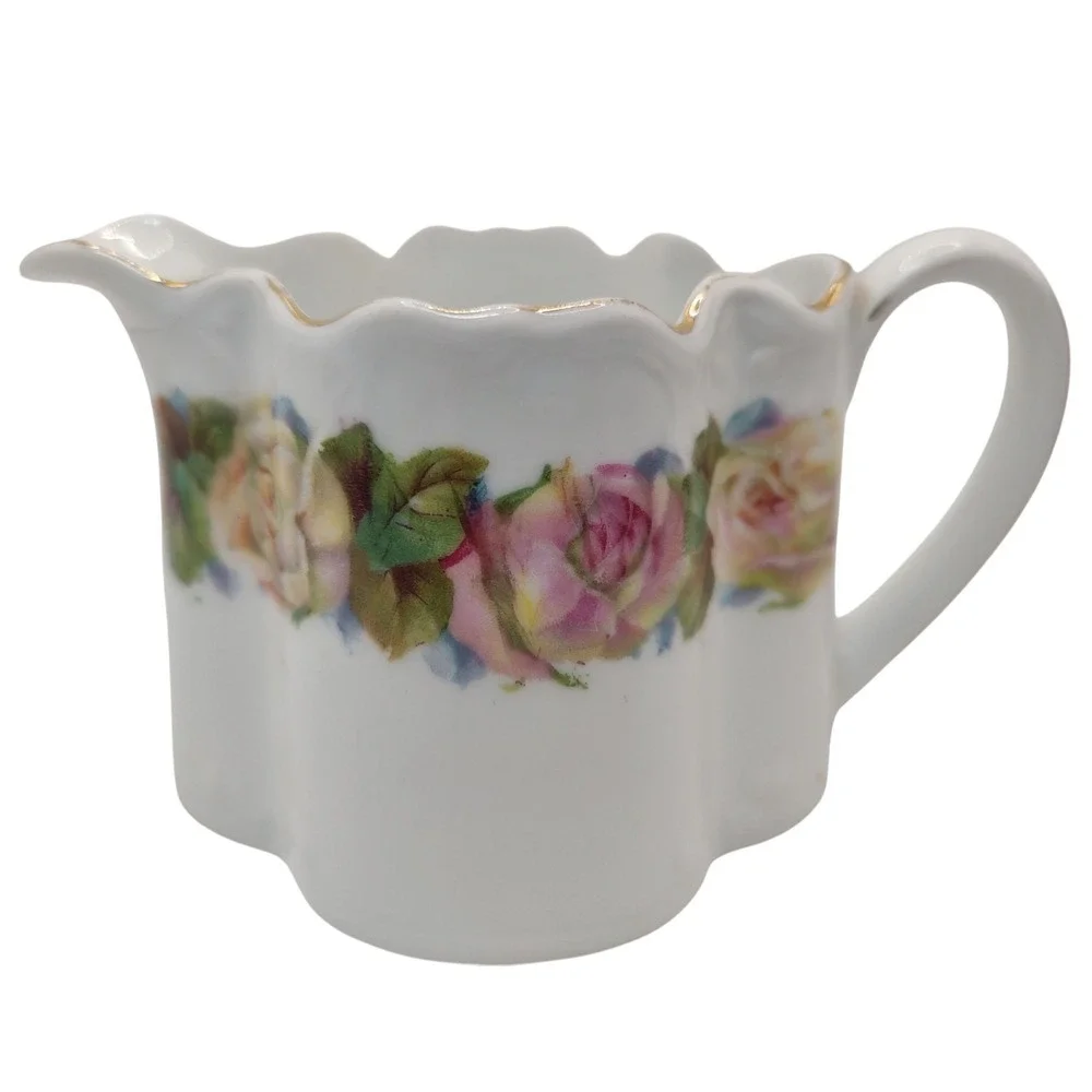 Antique‎ Z S Co Bavaria Creamer Porcelain Pitcher Pink Cabbage Rose Pattern Gilt